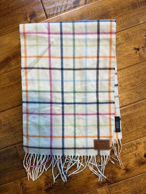 COACH Cashmere Plaid Fringe Scarf in Cream with Multicolor Windowpane